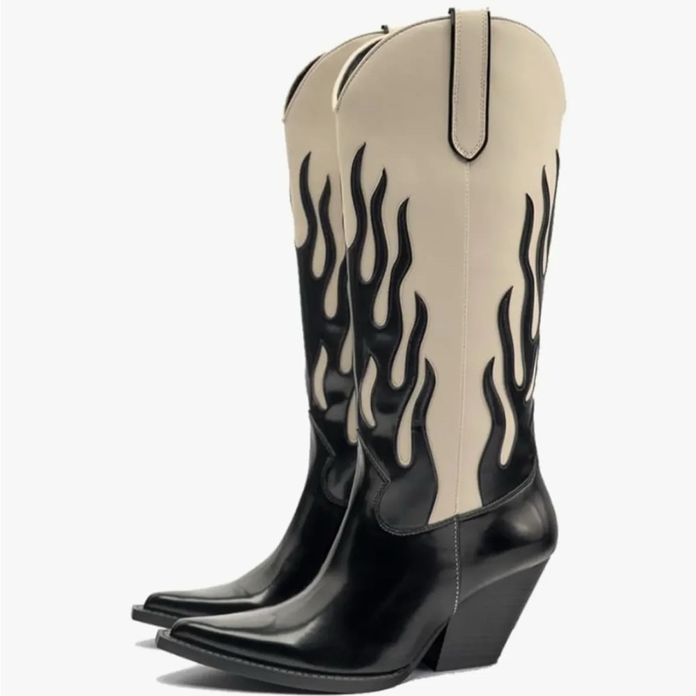 ZARA Contrasting Flame Black Cowboy Boots
